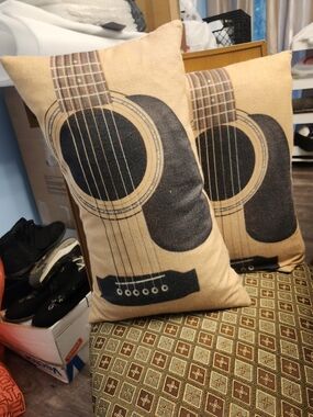 Source Unknown Beige and Black Guitar Print Accent Pillow Set